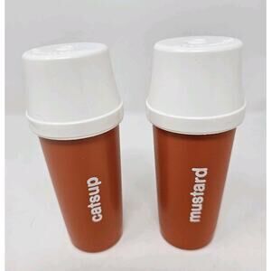 Vintage Tupperware 1329-15 Catsup & Mustard Orange Containers With Pump And Lids